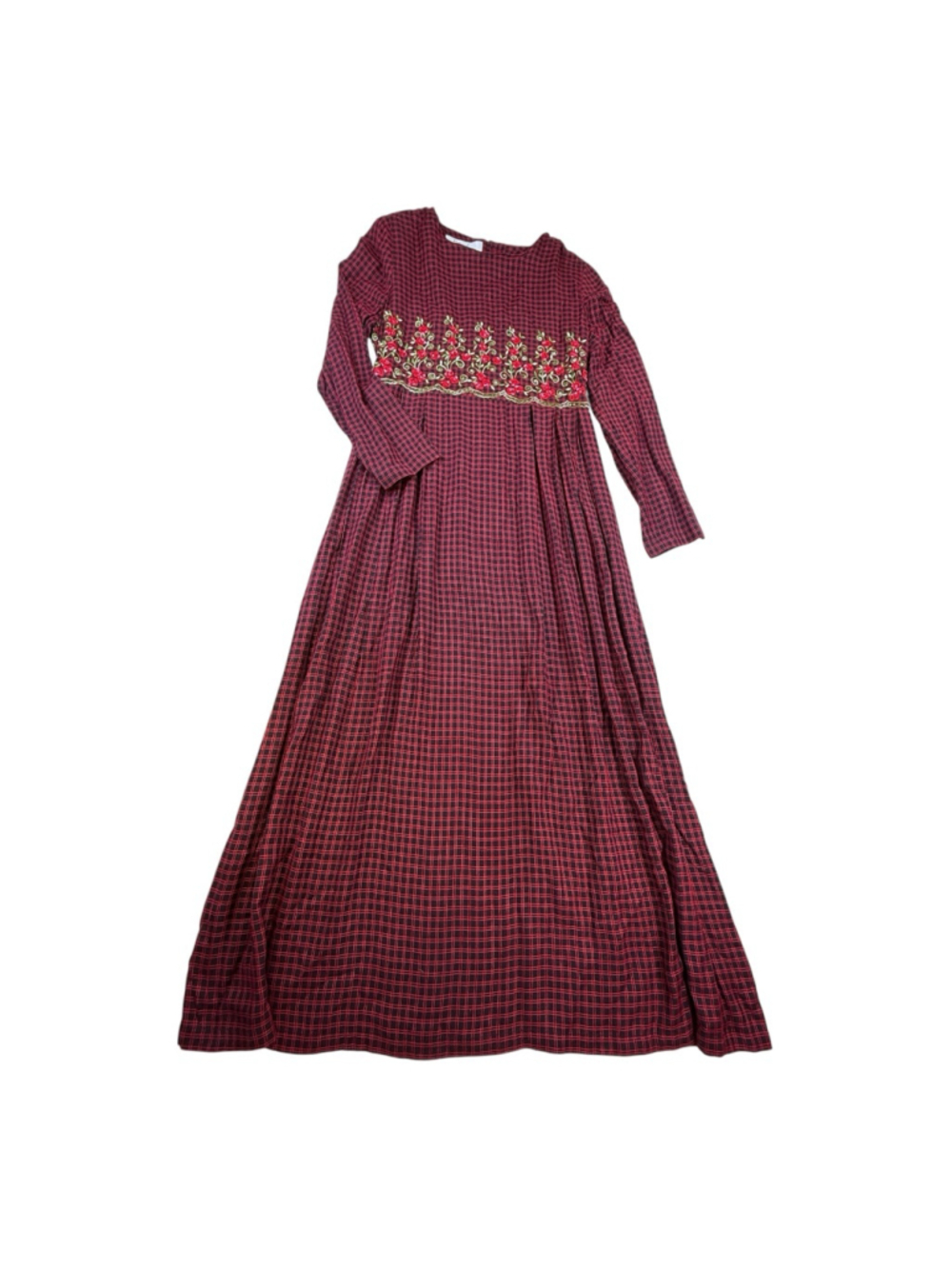 Sarah Elizabeth Vintage Embroidered Floral Plaid Maxi Dress Size 14 Prairie Cott